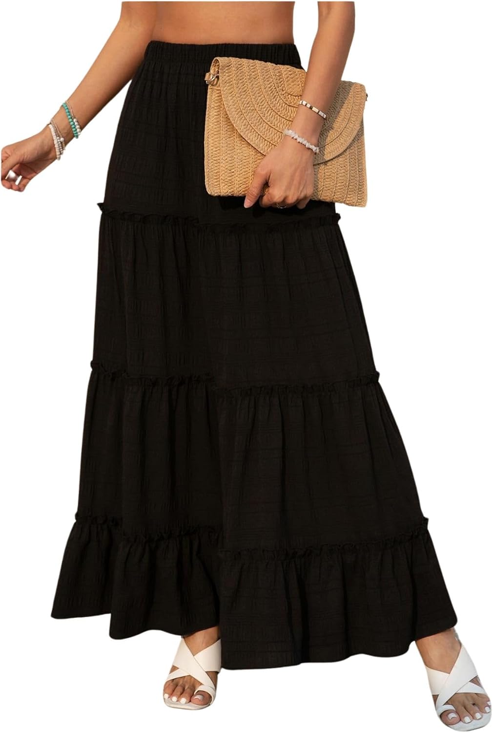 Verdusa Women's Boho Flared Ruffle Maxi Skirt for Summer Fun