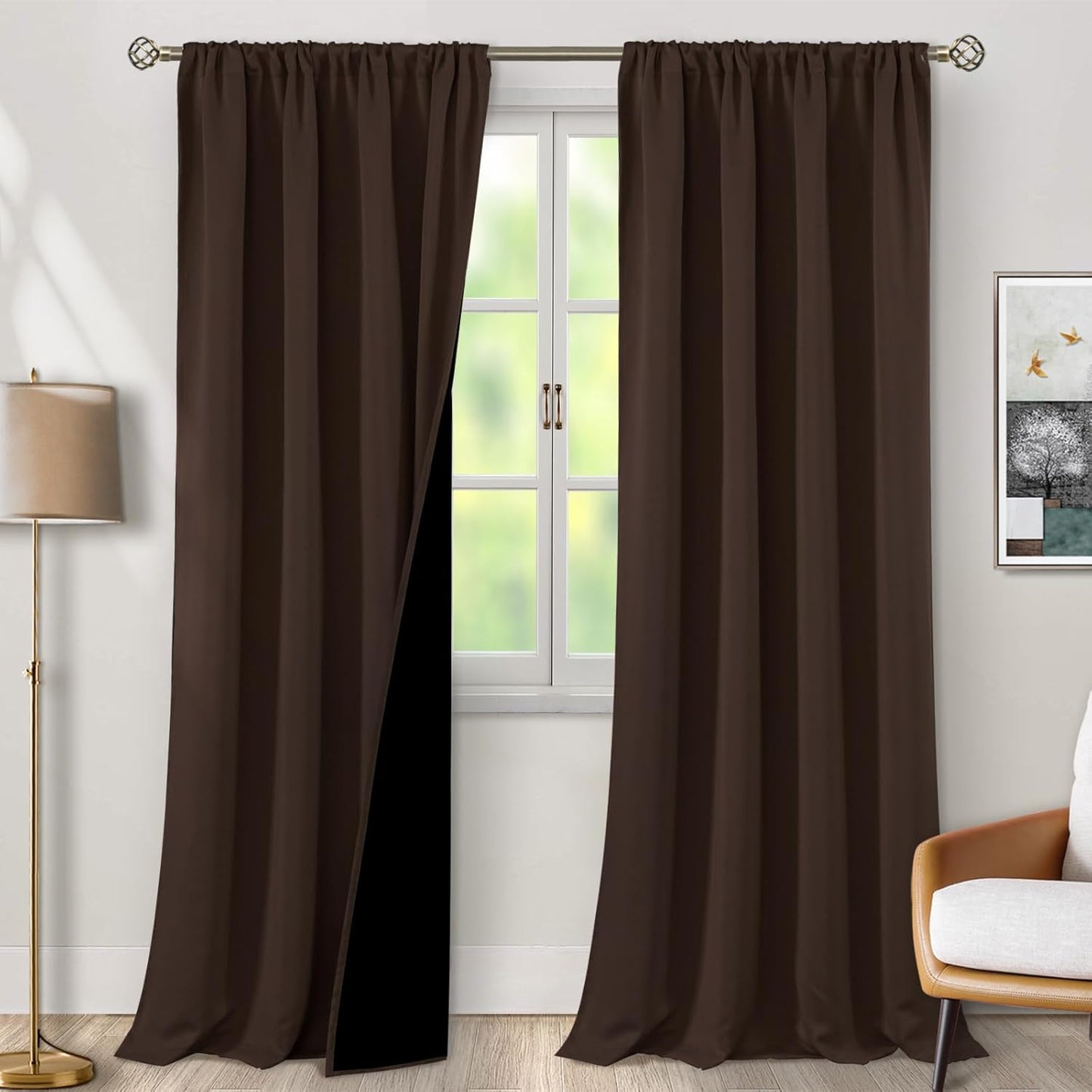 100% Blackout Curtains for Living Room, 95 Inch Length, Brown