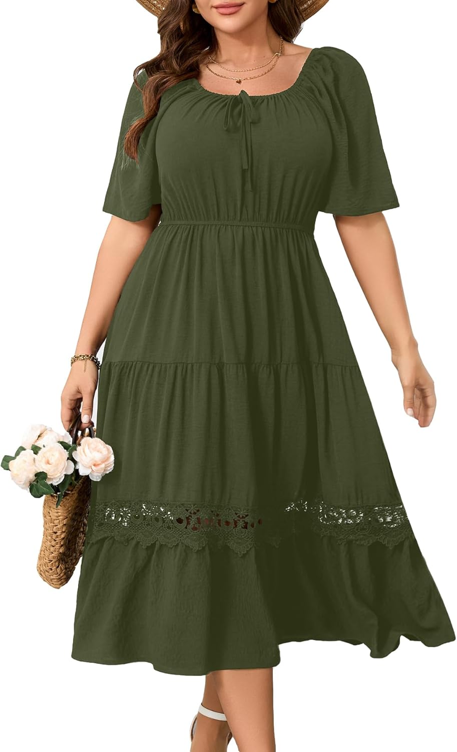 Plus Size Maxi Dress for Women - Flowy A-Line with Lace Trim