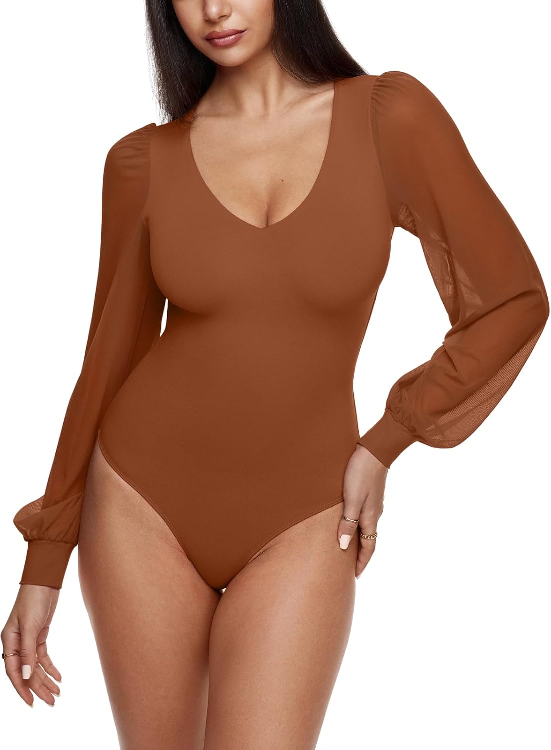 REORIA Womens Mesh Long Sleeve Bodysuit for Fall Outfits