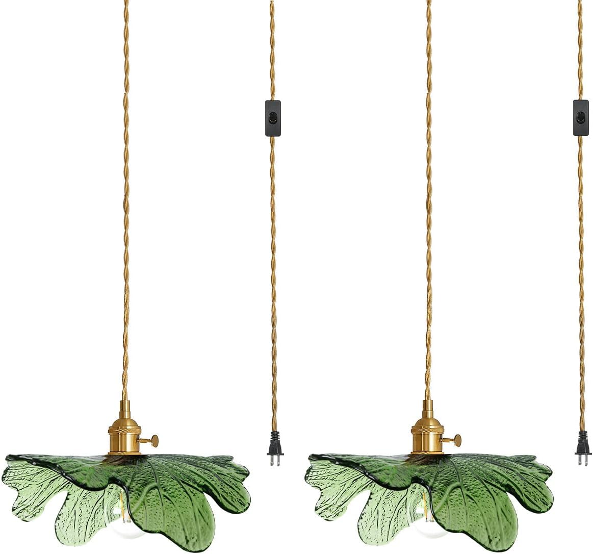 2 Pack Plug in Pendant Light with Hand Blown Green Glass Shade