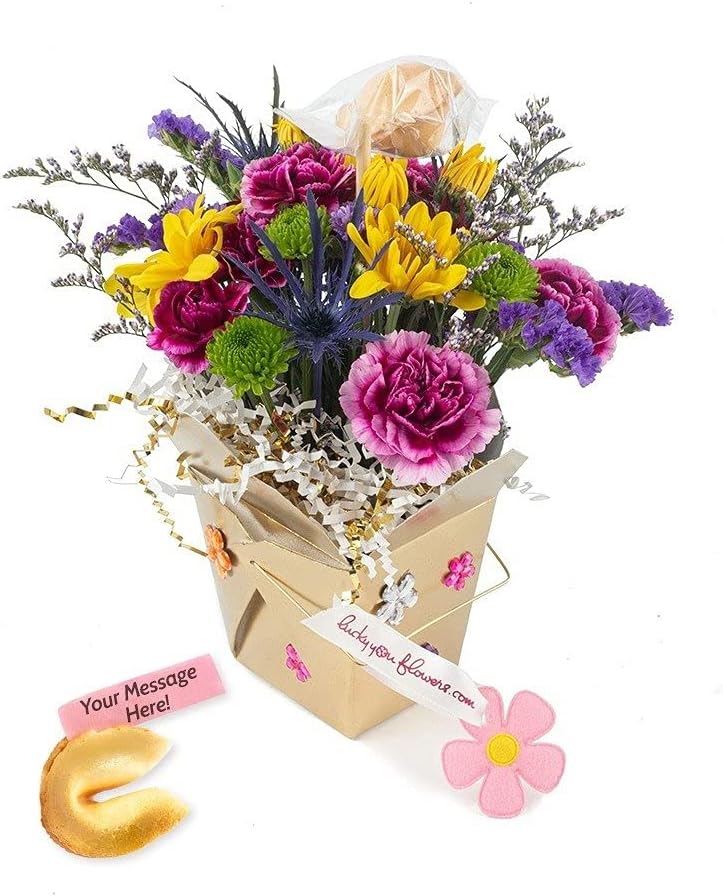 Fresh Cut Live Flowers in Takeout Container with Fortune Cookie