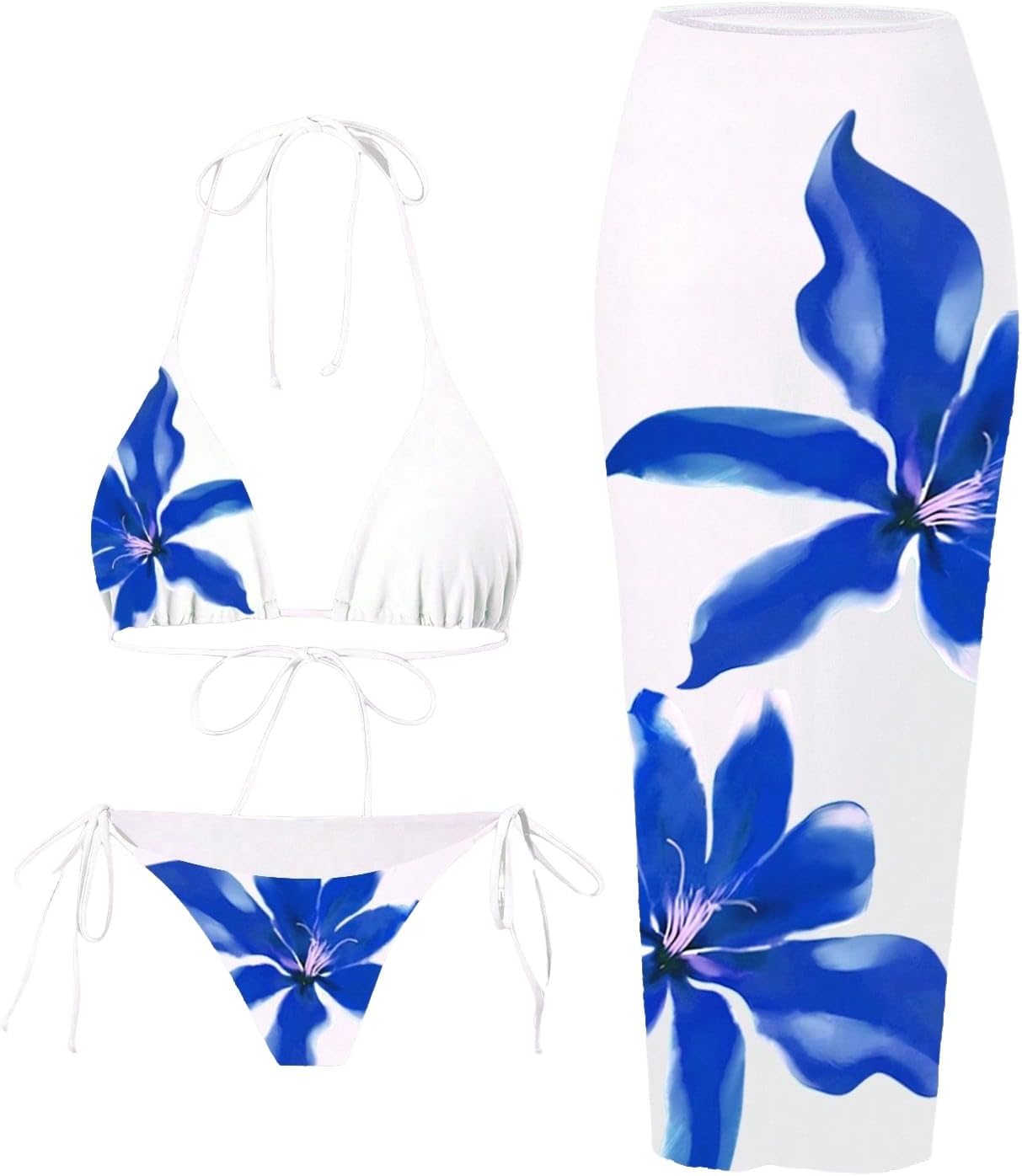 ZAFUL Womens 3pcs Swimsuit Floral Halter Triangle Bikini Set