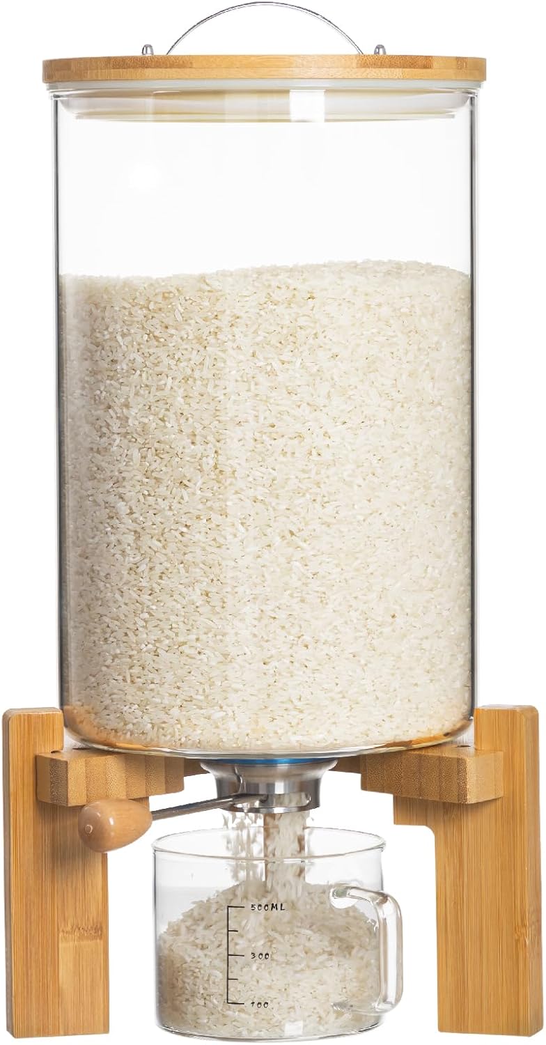 Efficient Glass Rice Dispenser with Wooden Stand for Storage