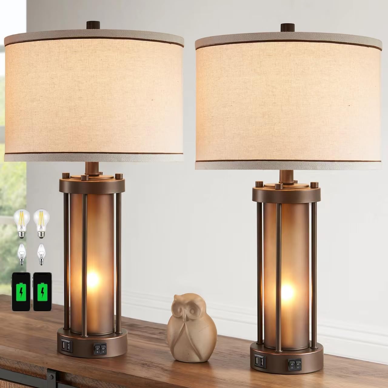 Set of 2 Farmhouse Table Lamps with USB Charging Ports