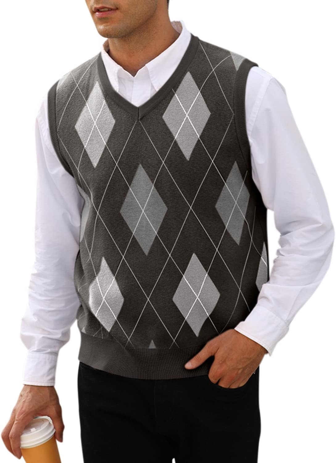 Mens Argyle Knitwear Vest V Neck Sleeveless Casual Slim Fit