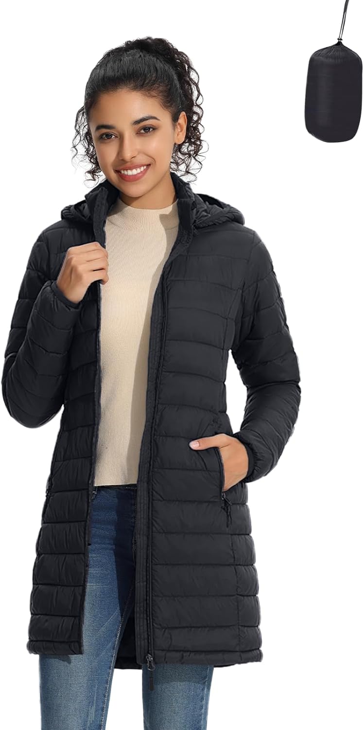 Packable Women Puffer Coat - Lightweight Water-Resistant Jacket