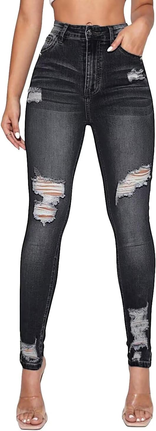 Allimy Women's High Rise Skinny Stretch Ripped Jeans for Style