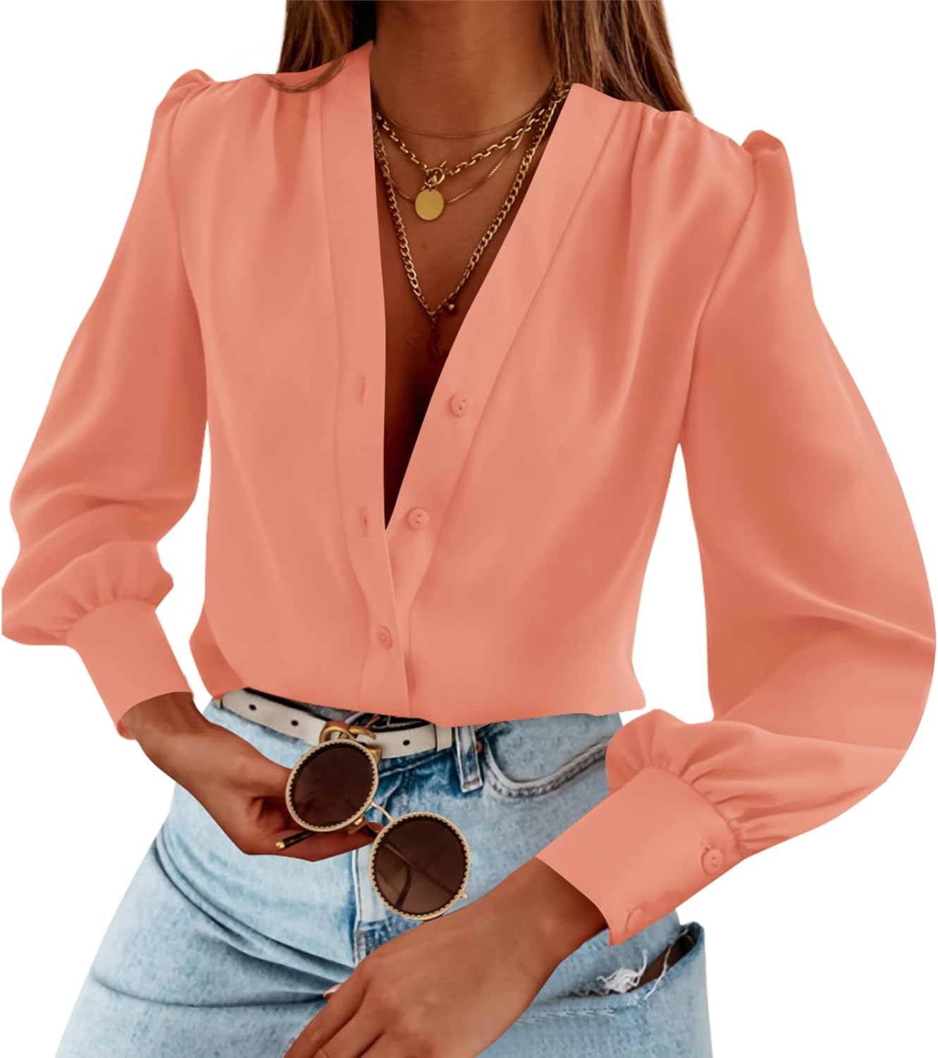 Women's Business Casual Tops Long Sleeve V Neck Blouses