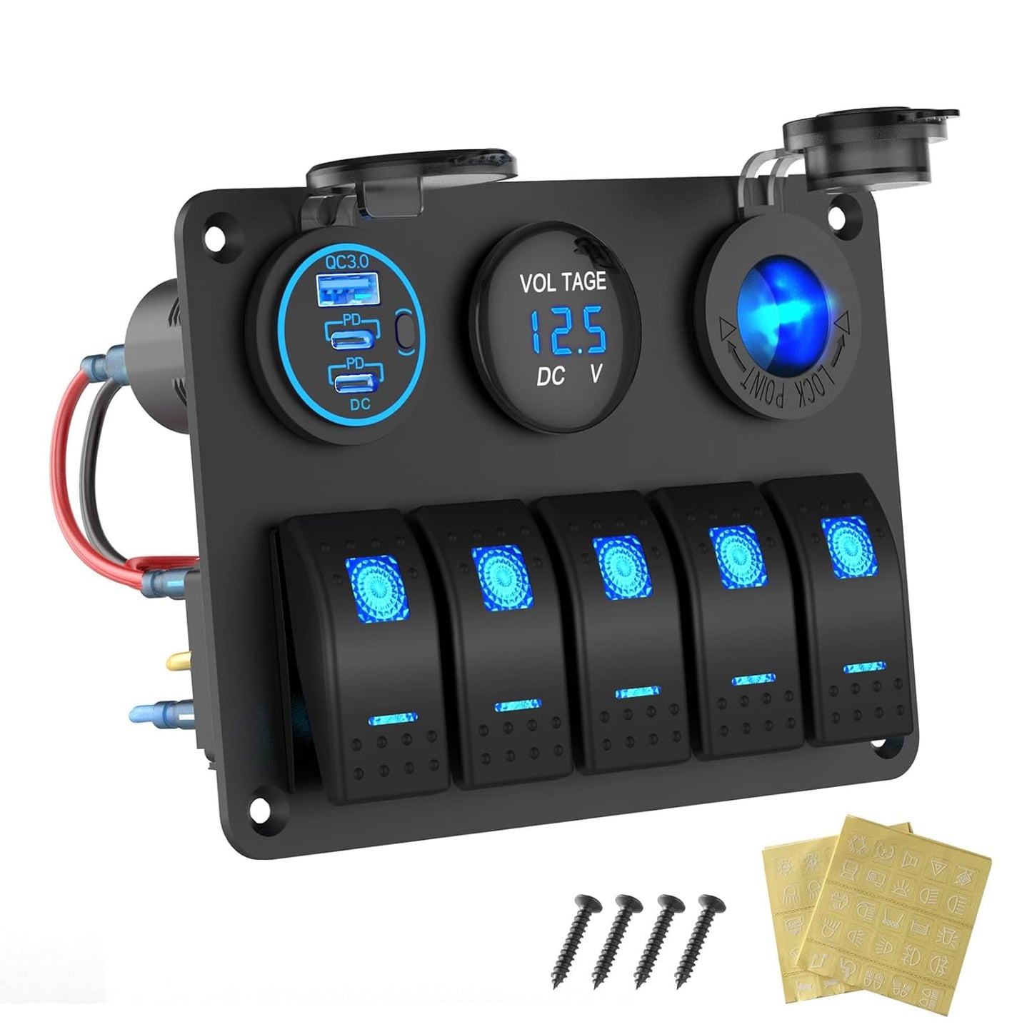 5 Gang Marine Switch Panel with USB Charger and Voltmeter