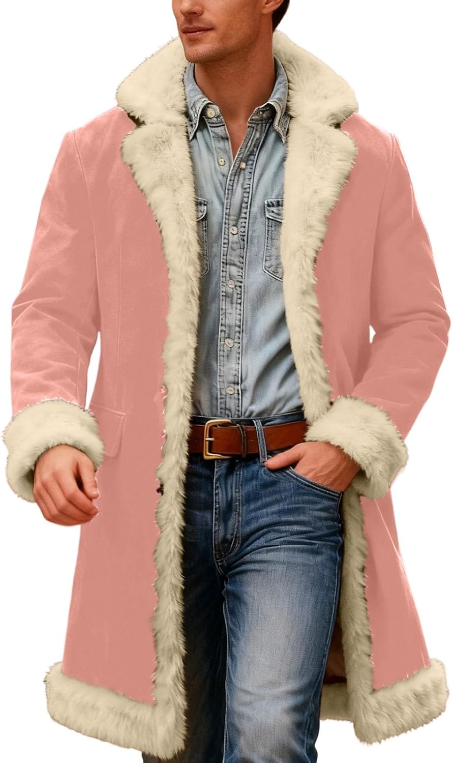 Men's Santa Coat Fleece Lined Long Cardigan for Christmas Fun