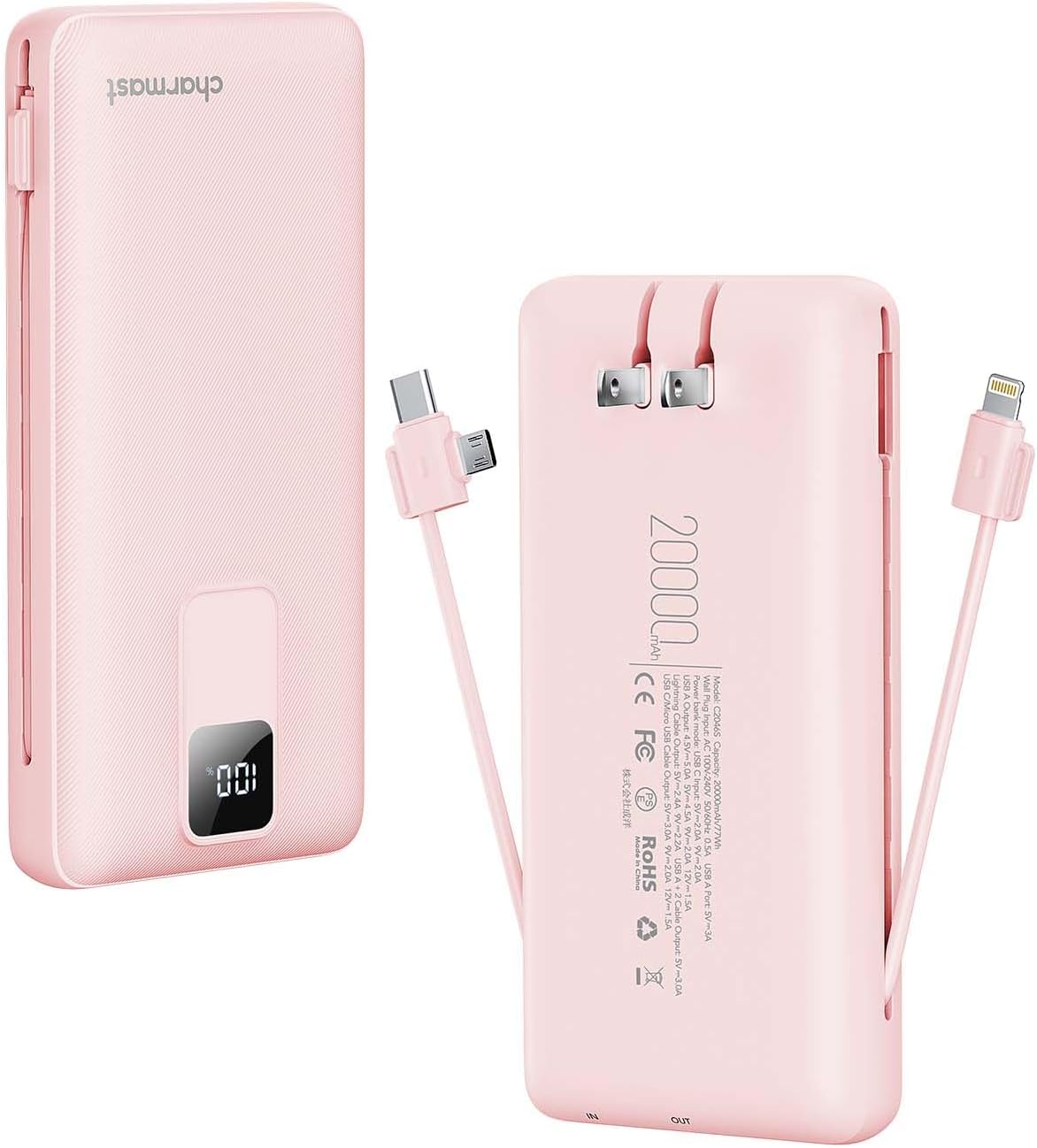 Charmast 20W Fast Charge Power Bank - Built-in Cables, Wall Plug - iPhone, Samsung Compatible