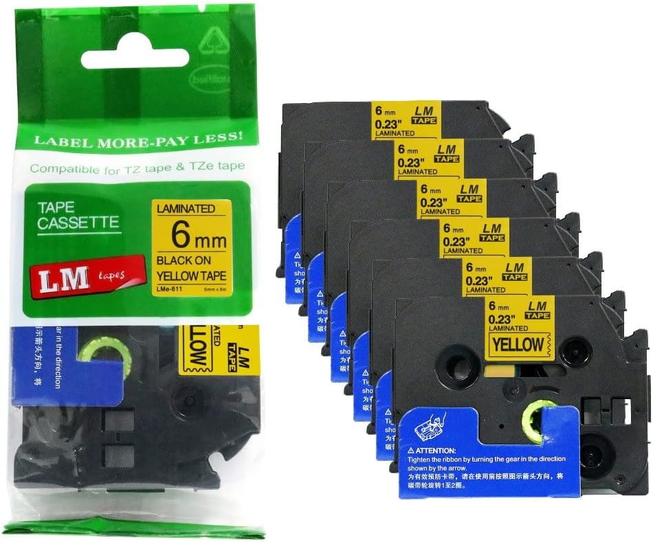 Premium 6/Pack LM Tapes for Brother TZe611 P-Touch Labeling