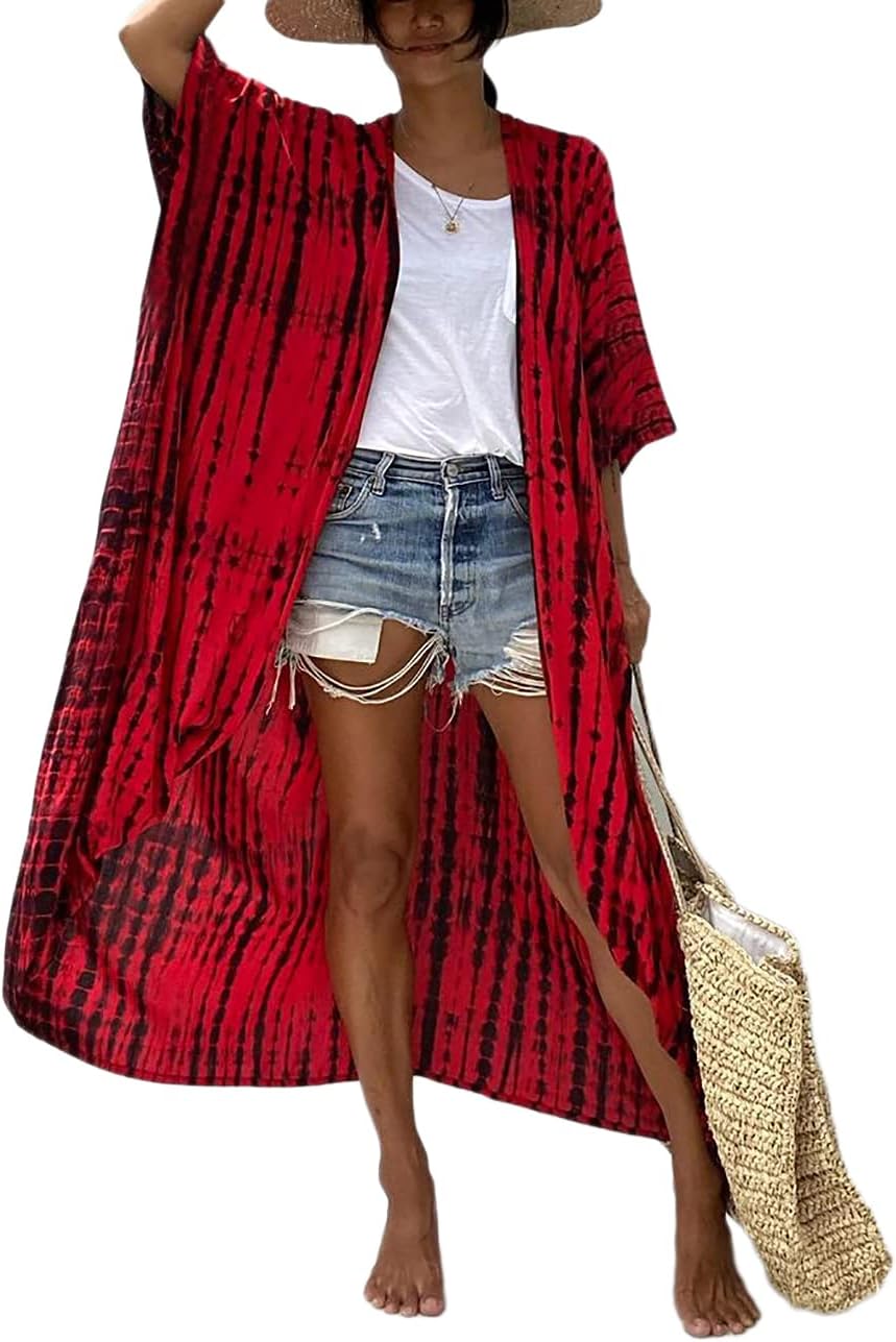 Stylish Tie Dye Open Front Long Kimono Cover Up for Women