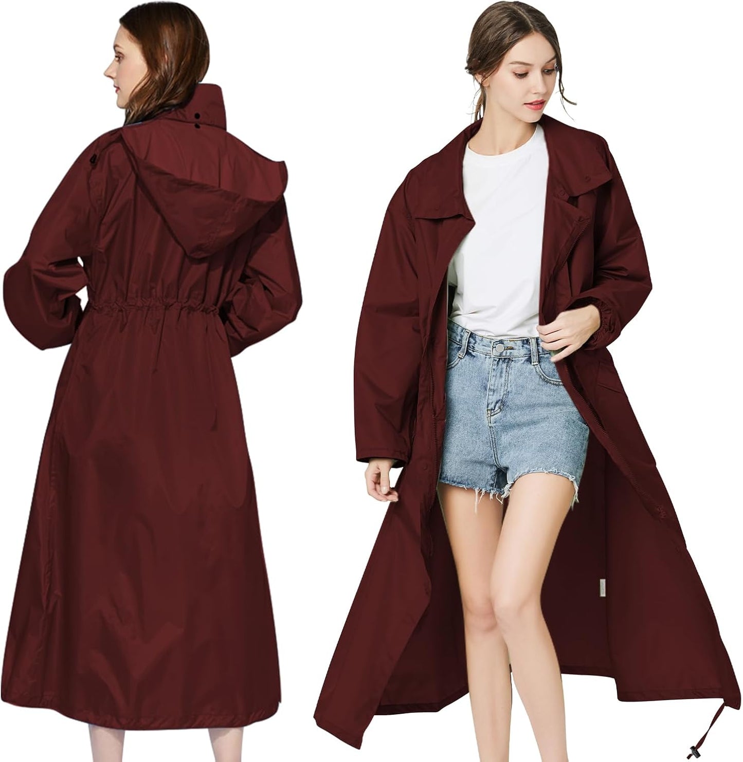 LAMA Womens Long Raincoats Waterproof Packable Windbreaker