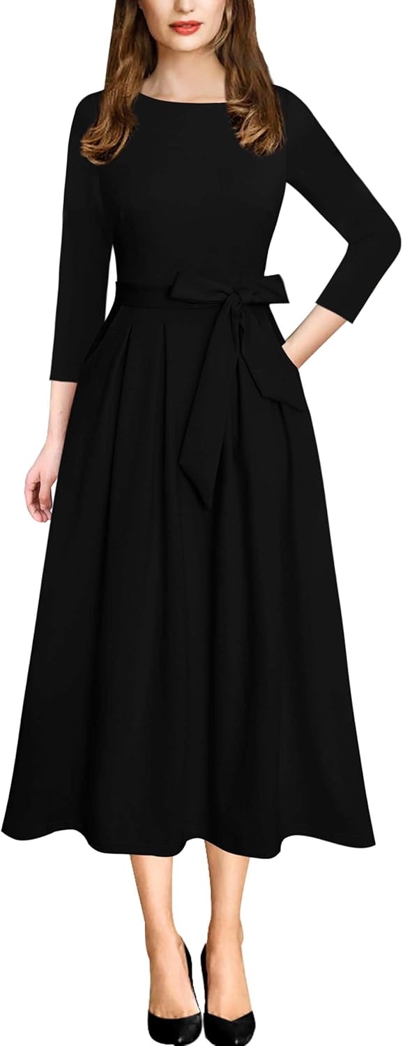Elegant Pockets Belted A-Line Midi Dress for Women Work Wear