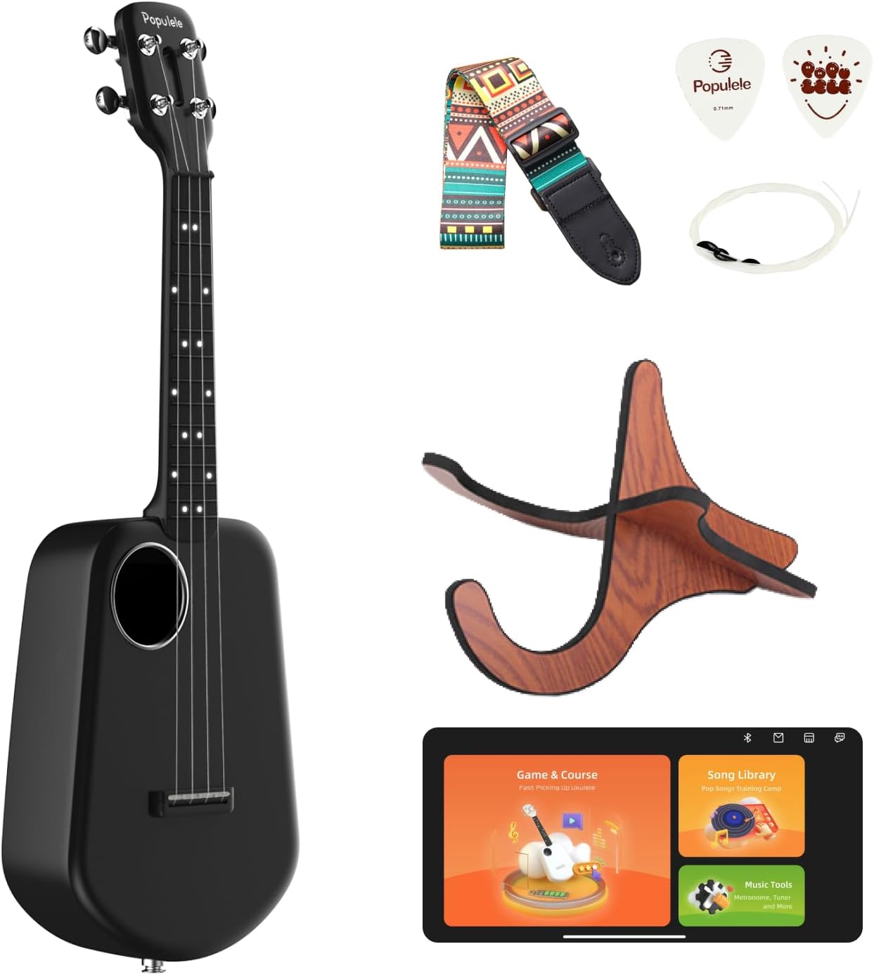 Populele Smart Ukulele: Carbon Fiber, LED Lights, Free Online Lessons, Auto-Tuner