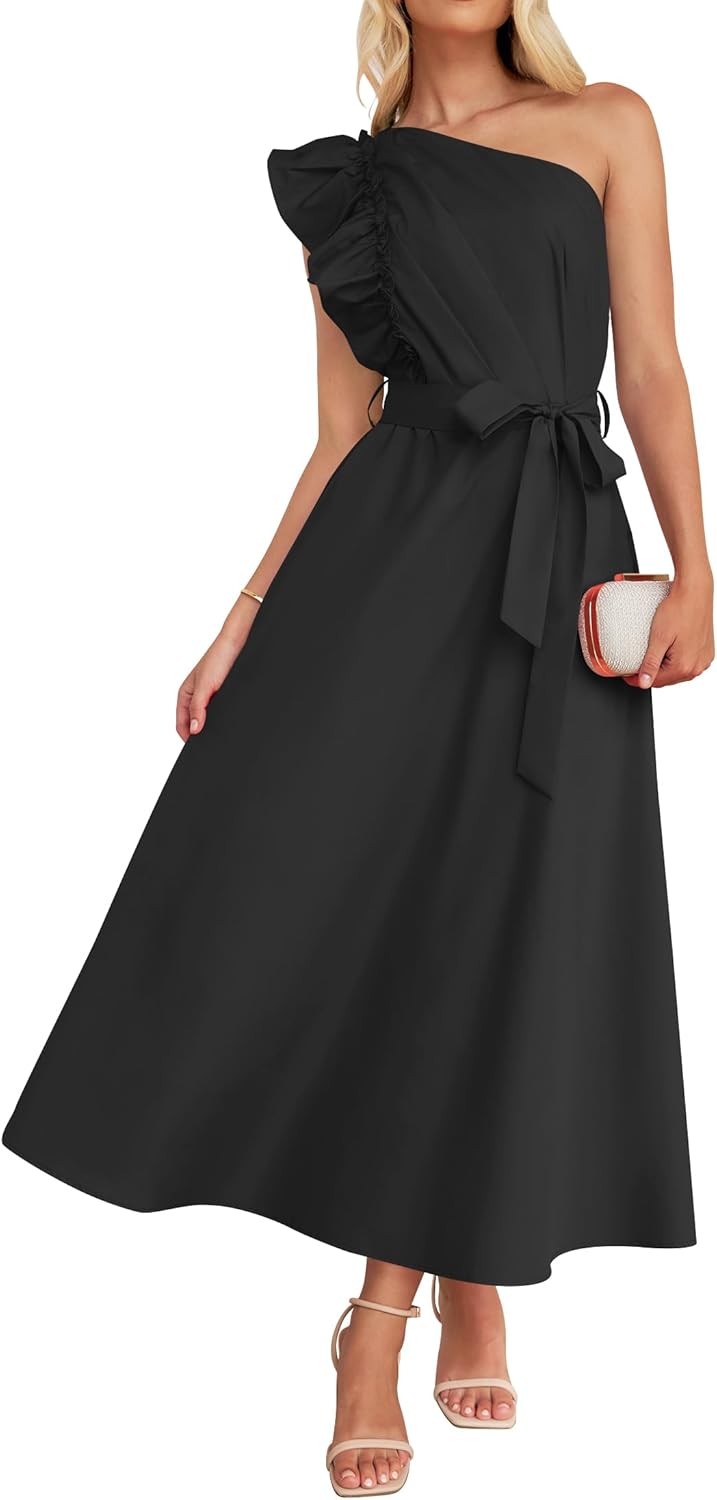 ZESICA Women's One Shoulder Ruffle Maxi Dress for Summer Fun