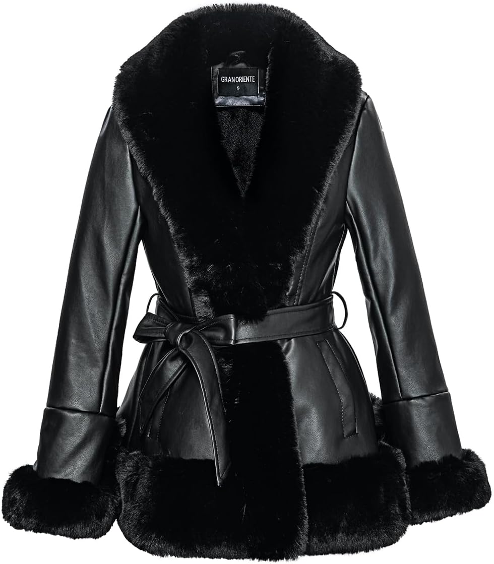 GRAN ORIENTE Women's Faux Leather Jacket with Fur Collar