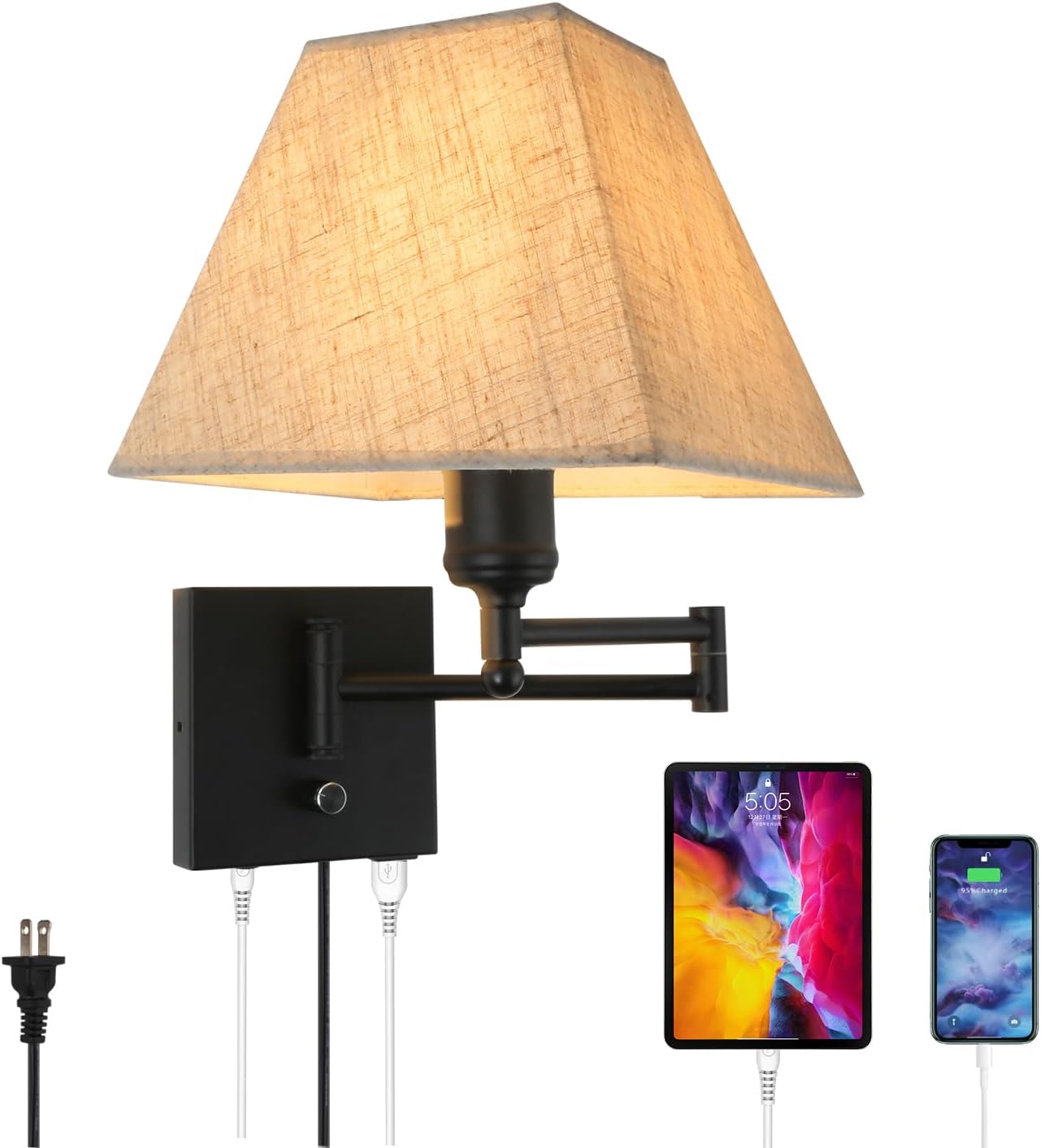 Modern Swing Arm Wall Lamp with USB and Type-C Charging Ports