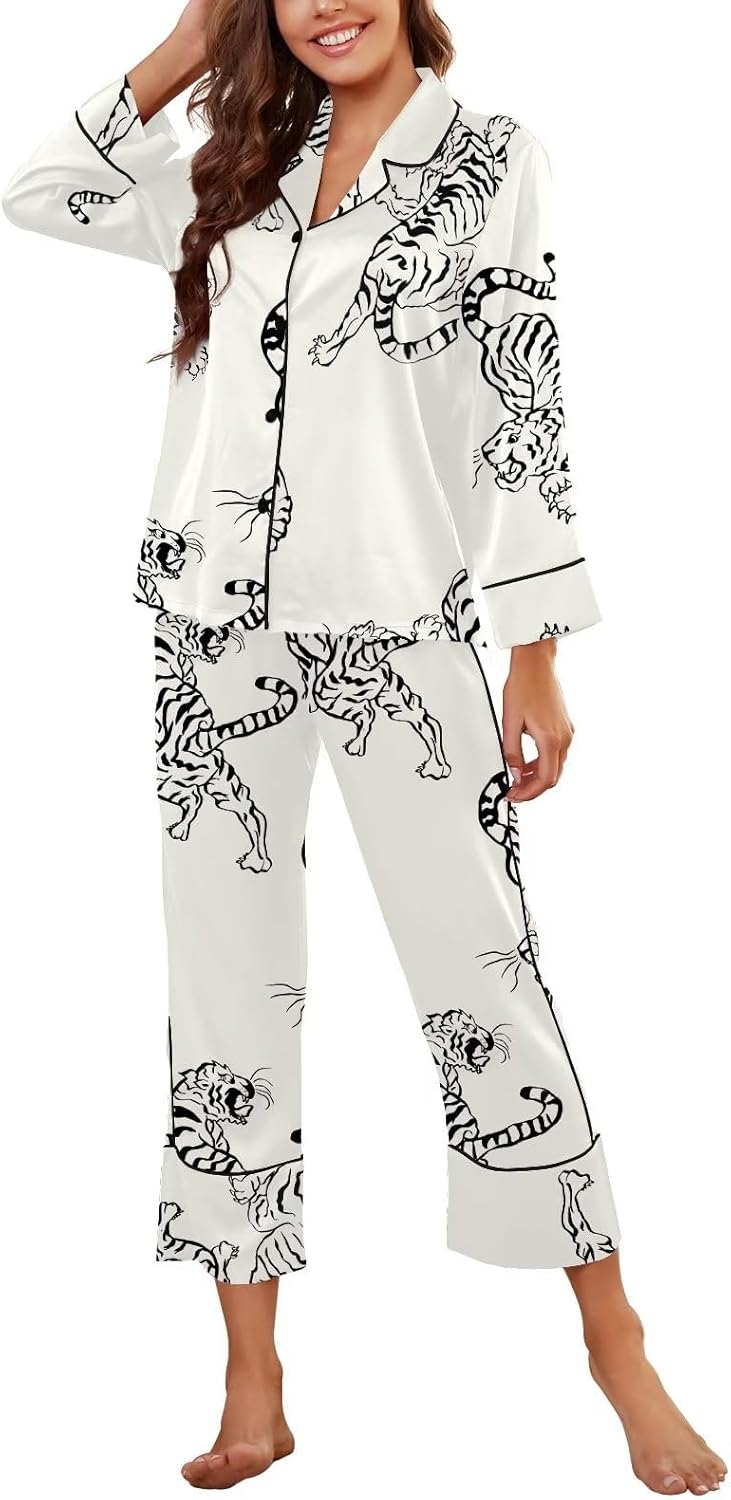 Luxurious Women's Silk Satin Pajamas Set with Lace Pattern