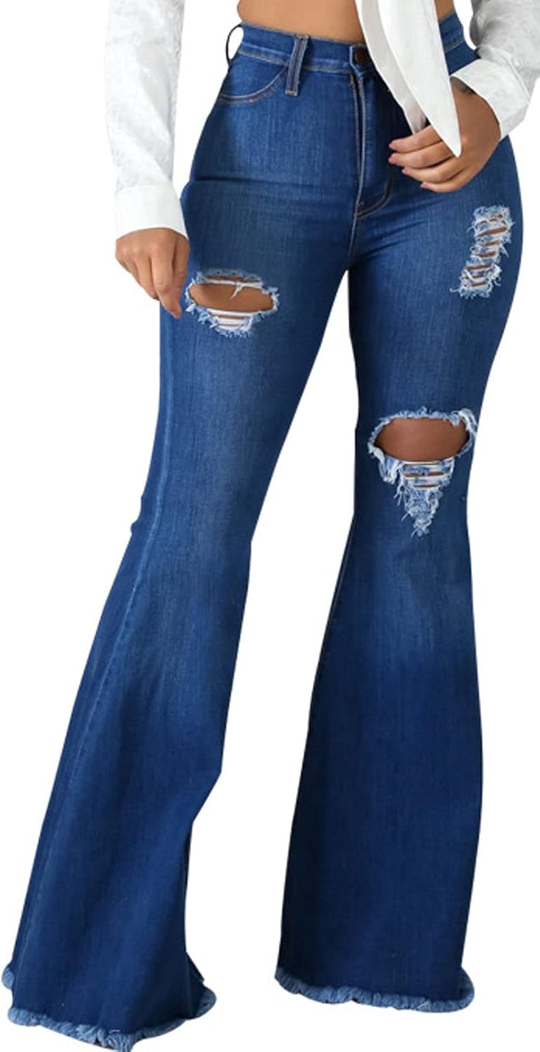 Ripped High Waisted Bell Bottom Jeans for Women Flared Denim