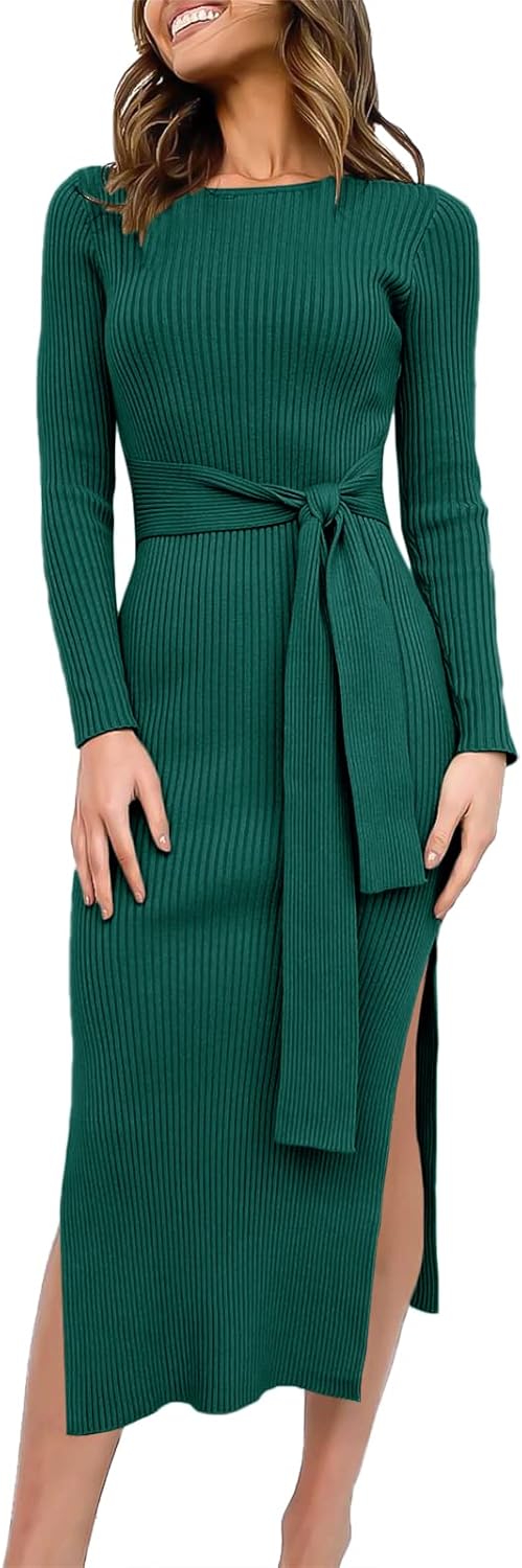 Womens Long Sleeve Sweater Dress with Tie Waist for Fall Outfits