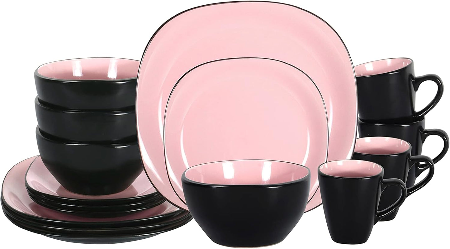 Stoneware Square 16pc Dinnerware Set with Shiny Rose & Matte Black