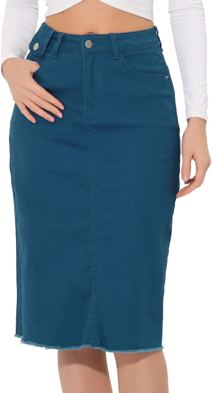 Allegra K Women's Casual Jean Skirt High Waist with Back Slit