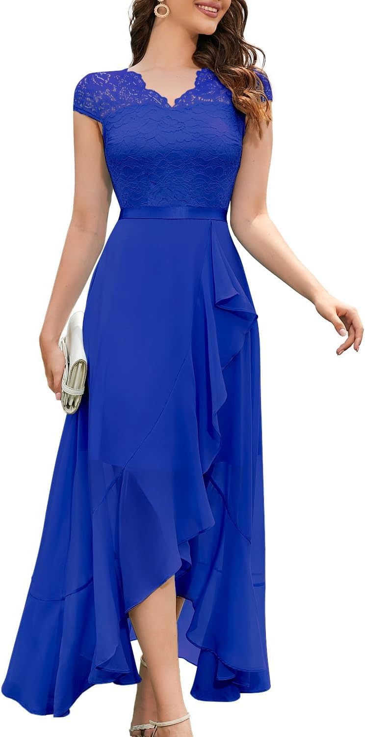 Elegant V-Neck Hi-Lo Floral Lace Dress for Wedding Guests
