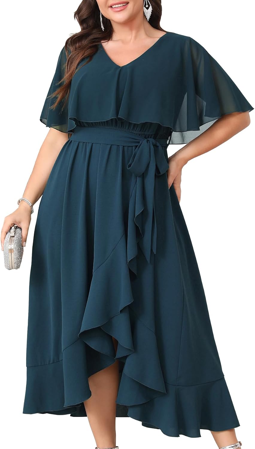Women Plus Size Long Formal Dress with Ruffle V Neck Design