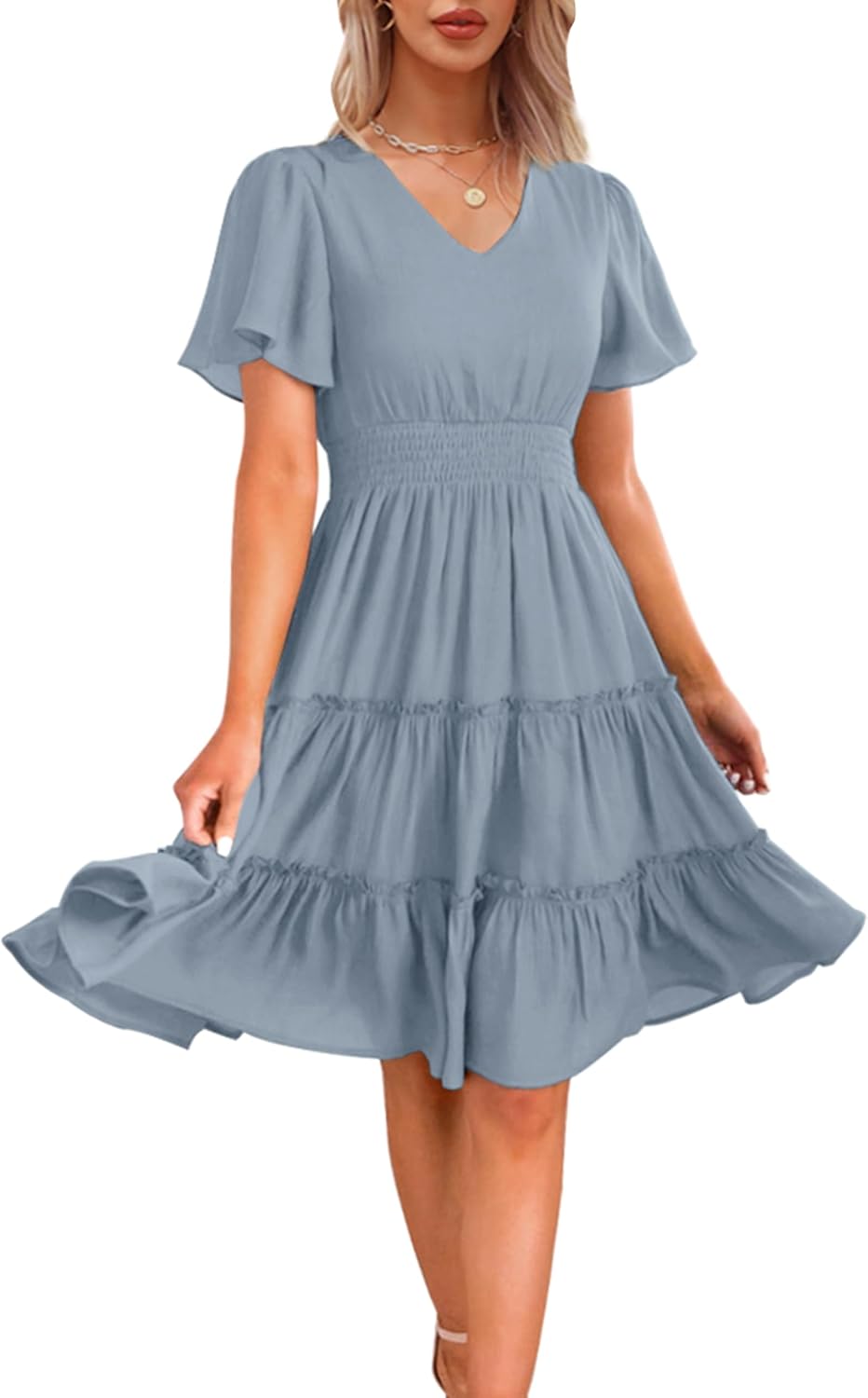 Zattcas Women Spring Summer Dress V Neck Smocked Waist Casual