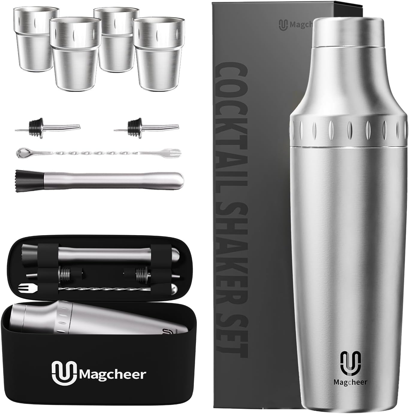 Hybrid Cocktail Shaker Set with Stackable Cups for Travel