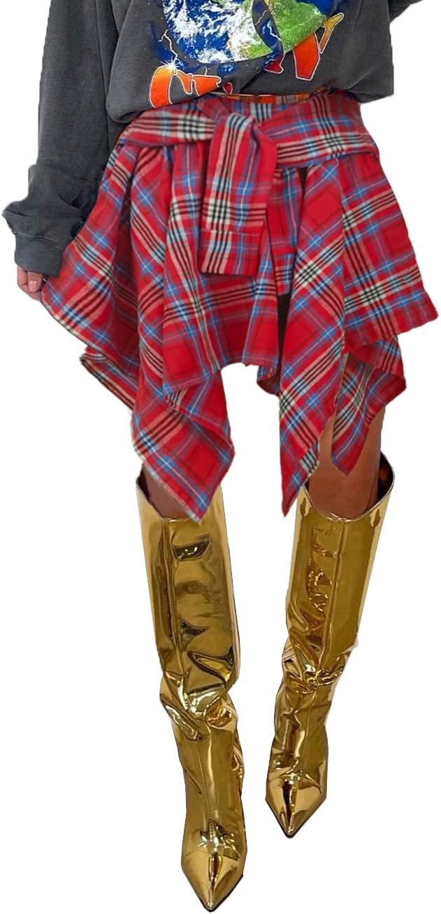 Women's Plaid Skirts High Waisted Knot Front Mini Skater Style