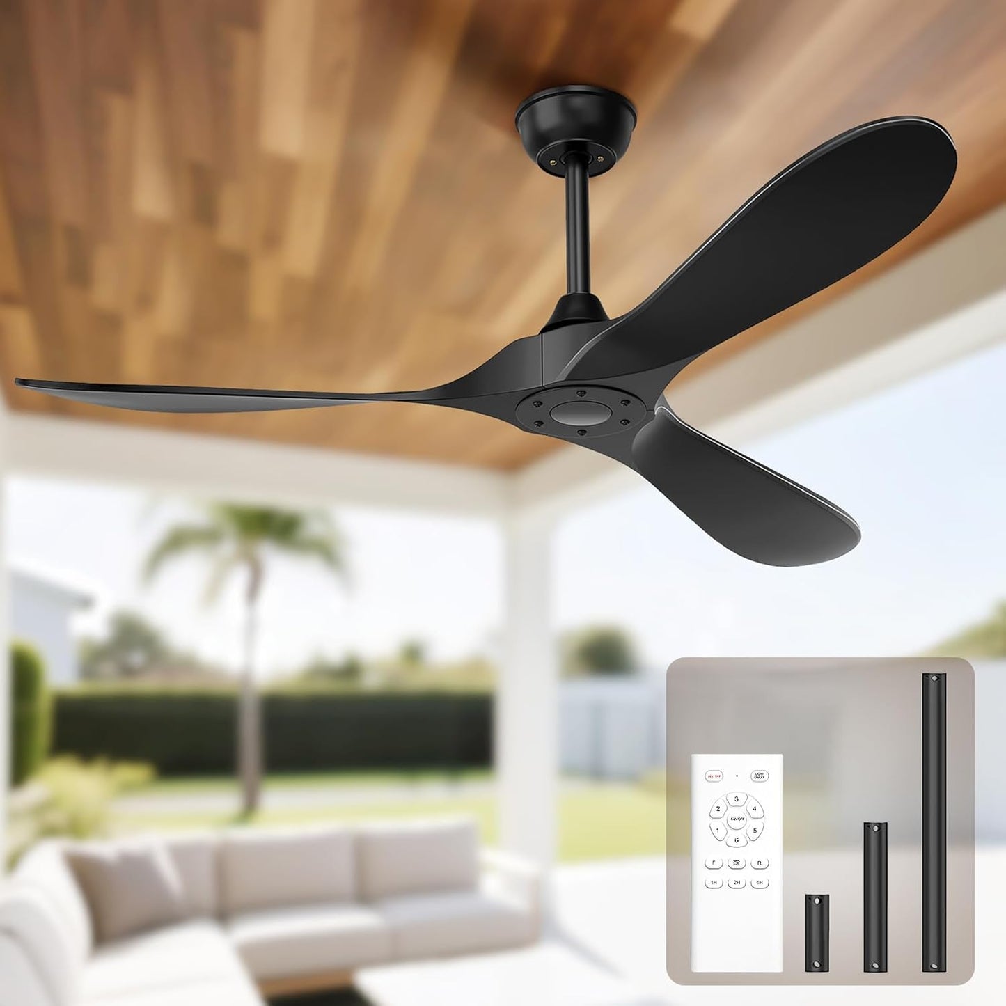 Black Ceiling Fan No Light, 52 in Outdoor Ceiling Fan with Remote