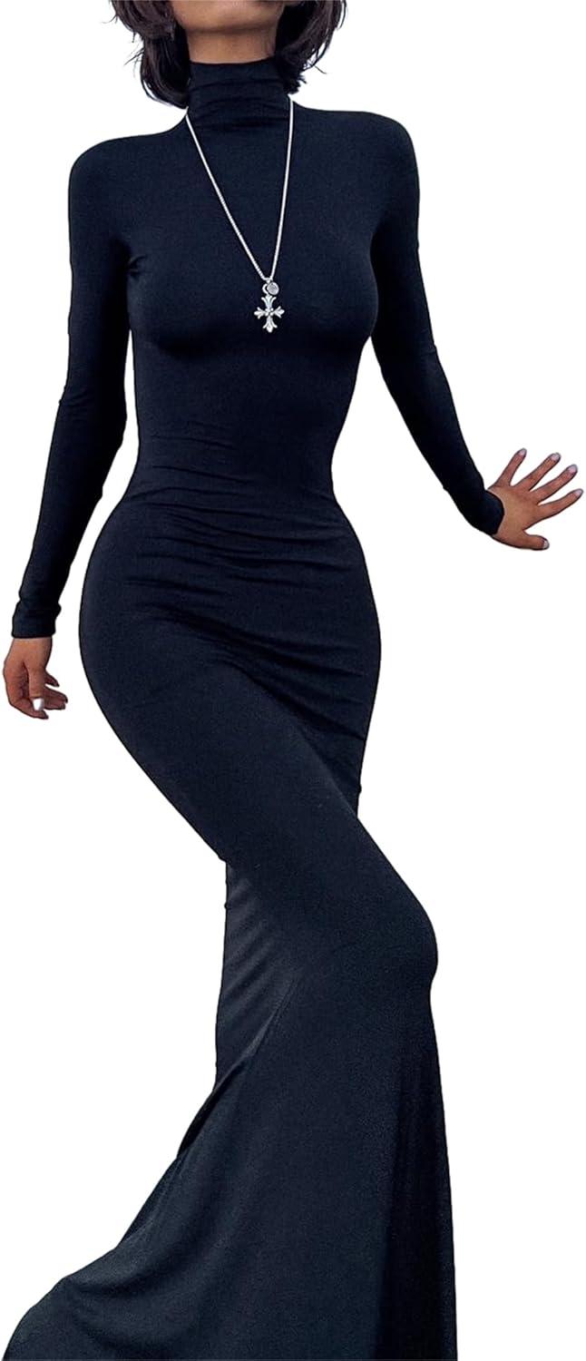 Long Sleeve Maxi Dress for Women - Elegant Turtleneck Style