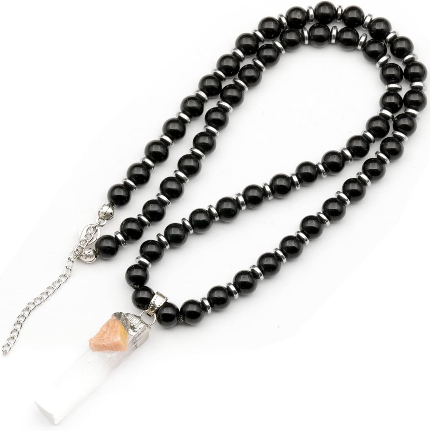 Natural Raw Tourmaline Pendant and Black Onyx Beaded Necklace
