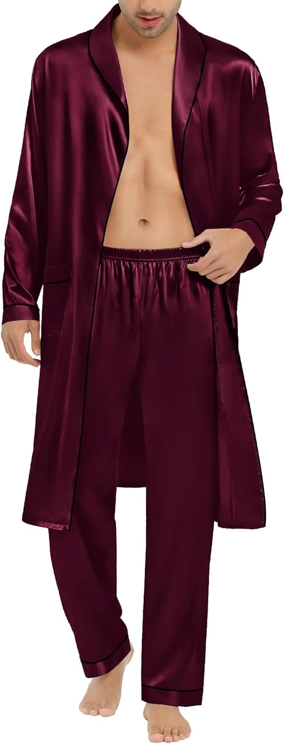 SWOMOG Men's Satin Robe Silky Kimono Bathrobe with Shorts Set