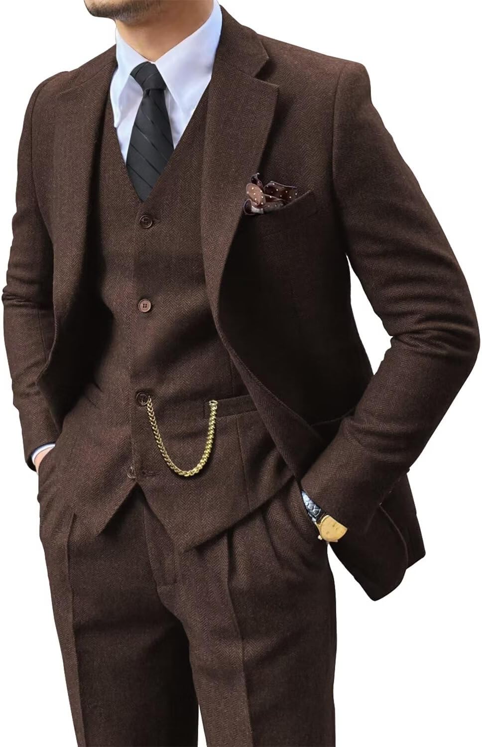 Retro 3 Piece Suit Tweed Herringbone Slim Fit Tuxedos Set