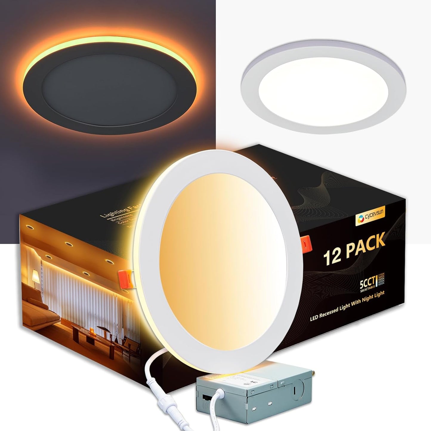12 Pack 8 Inch LED Recessed Lighting with Night Light Options