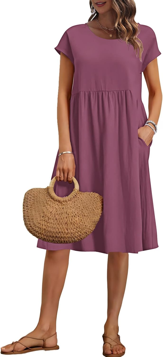 AUSELILY Women's Summer Short Sleeve Knee-Length Dress with Pockets