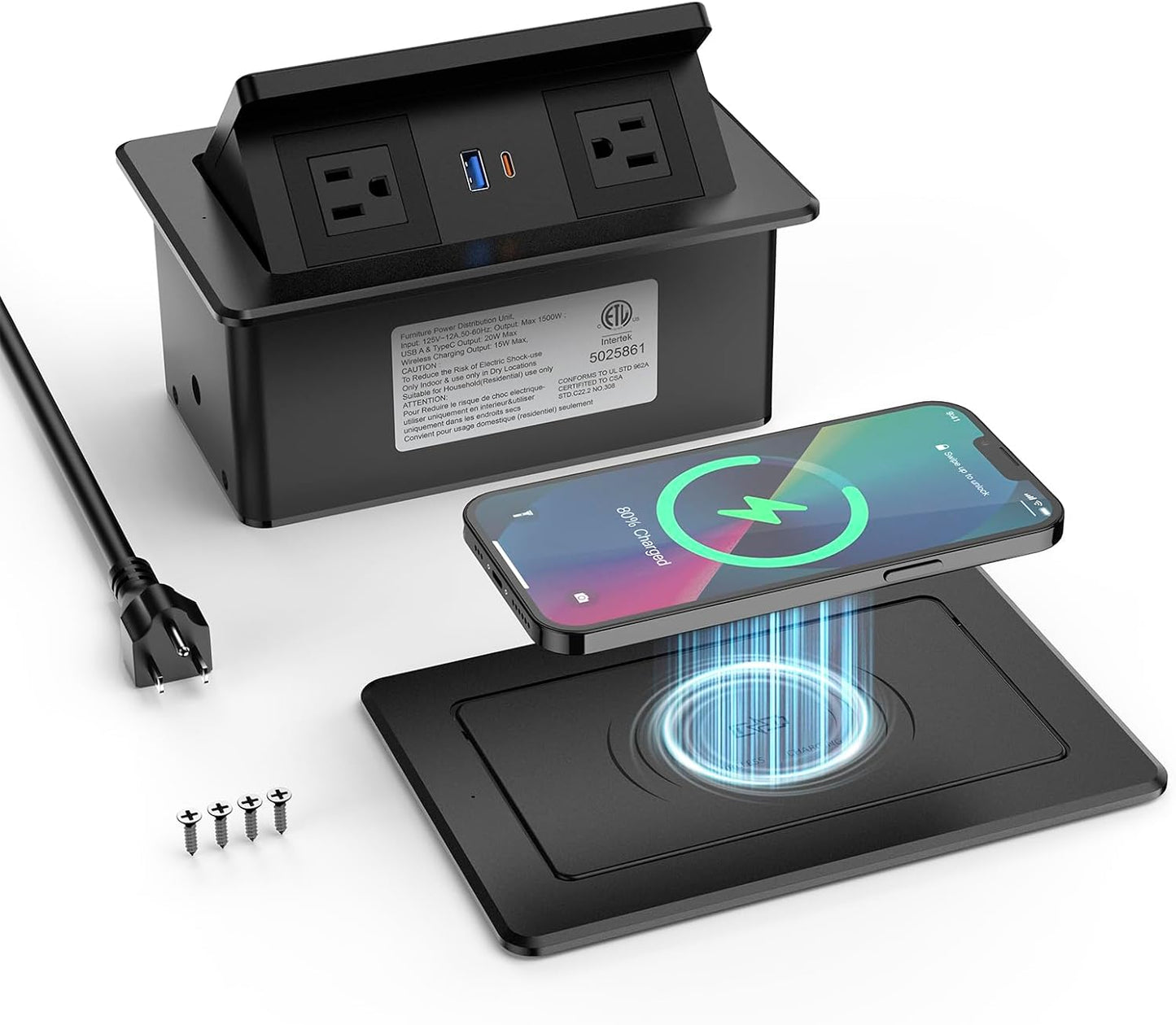 QBA Pop Up Power Outlet with Wireless Charger and USB Ports
