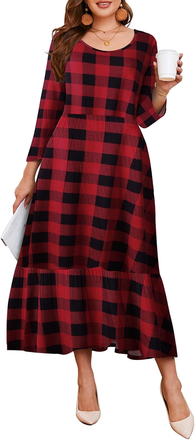 LARACE Plus Size 3/4 Sleeve Casual Maxi Dress with Pockets