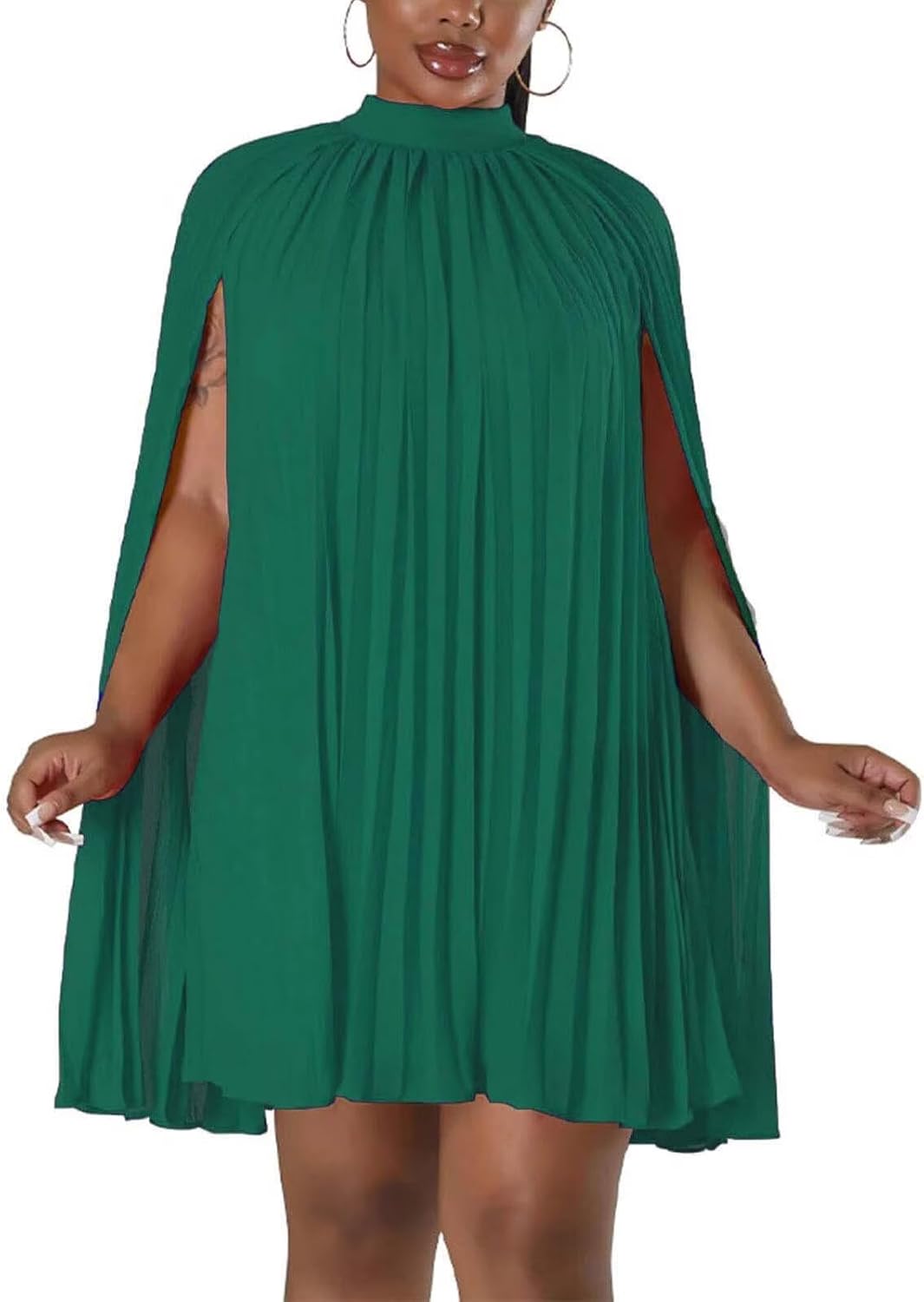 Womens Casual Cape Sleeve Pleated Split Short Dress for Parties