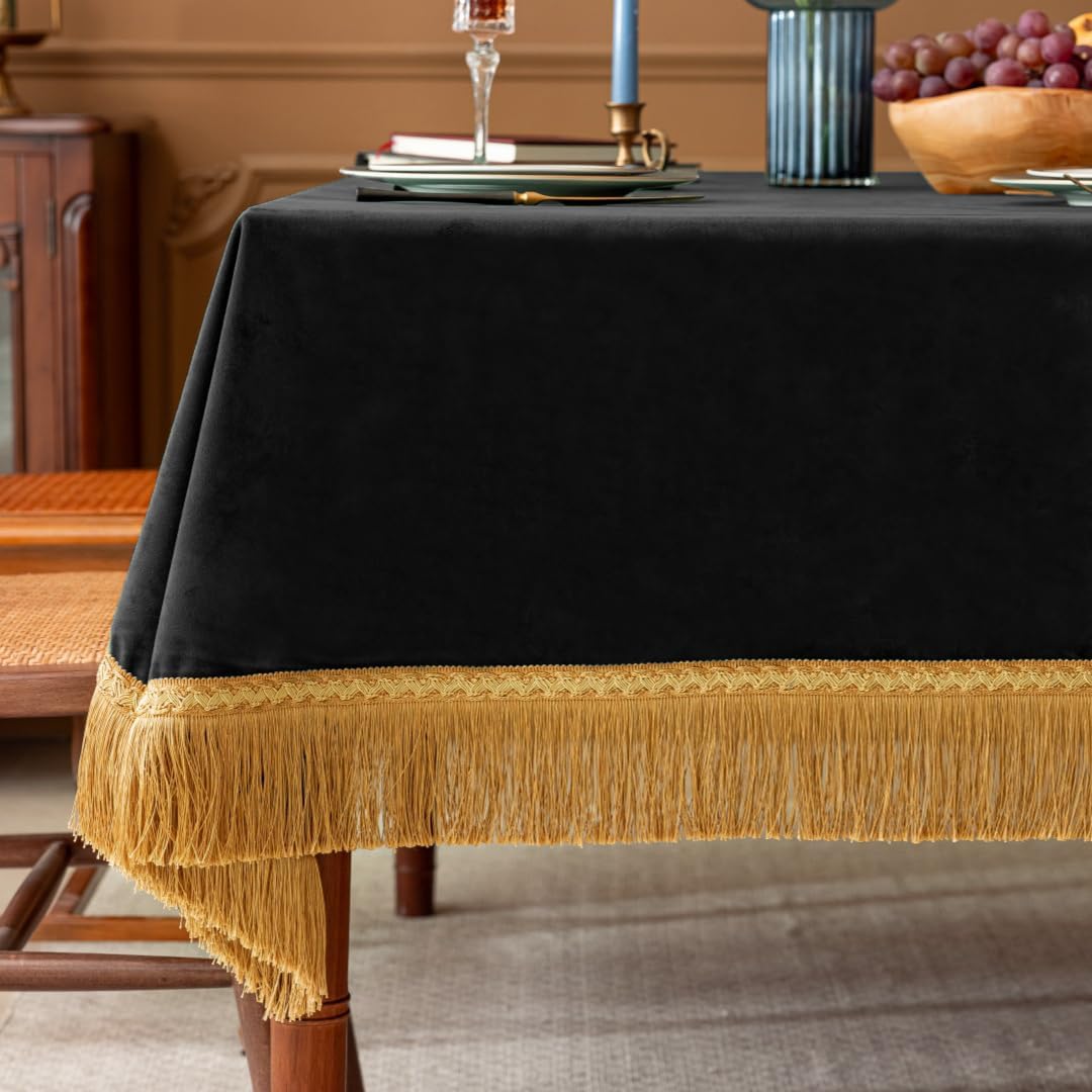 Luxury Black Velvet Tablecloth with Gold Tassels for Events