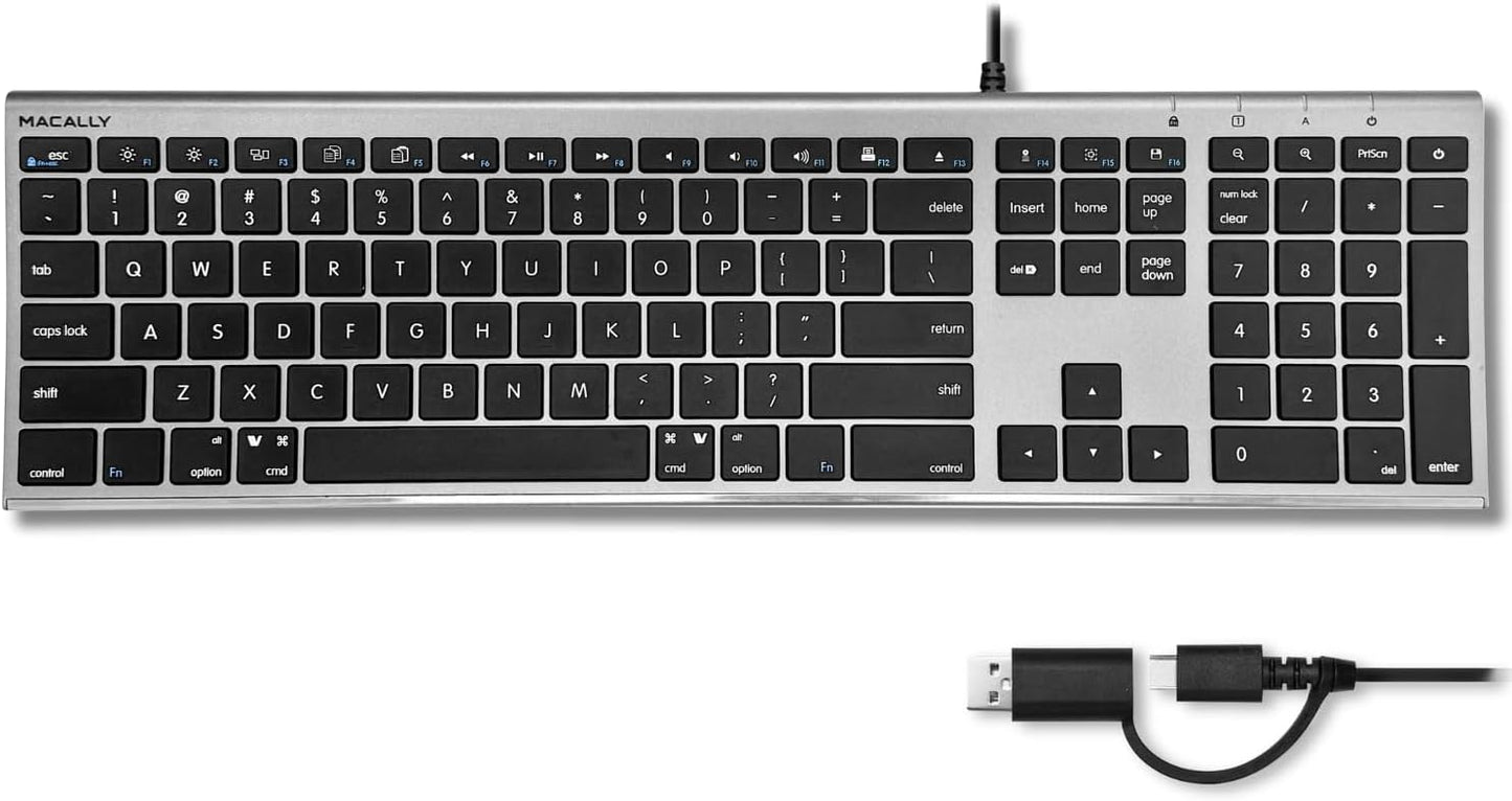 Macally USB C Keyboard - Ultra Slim Wired Keyboard for Mac