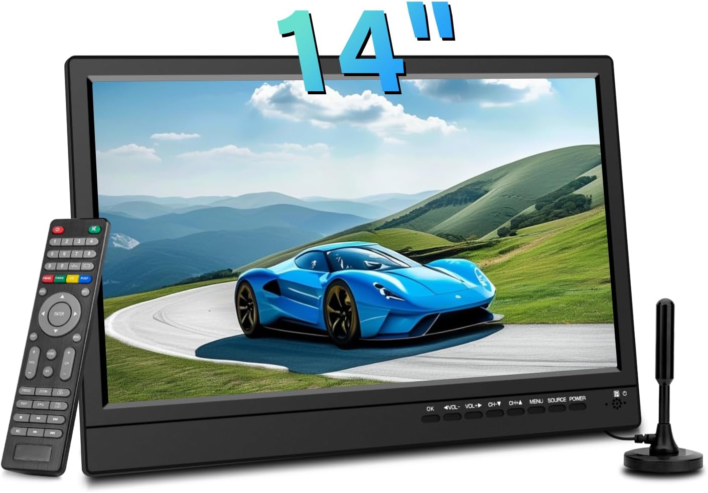 Portable 14 Kitchen TV - Built-in Antenna & Stand, Remote Control - HDMI, USB, TF - Feihe