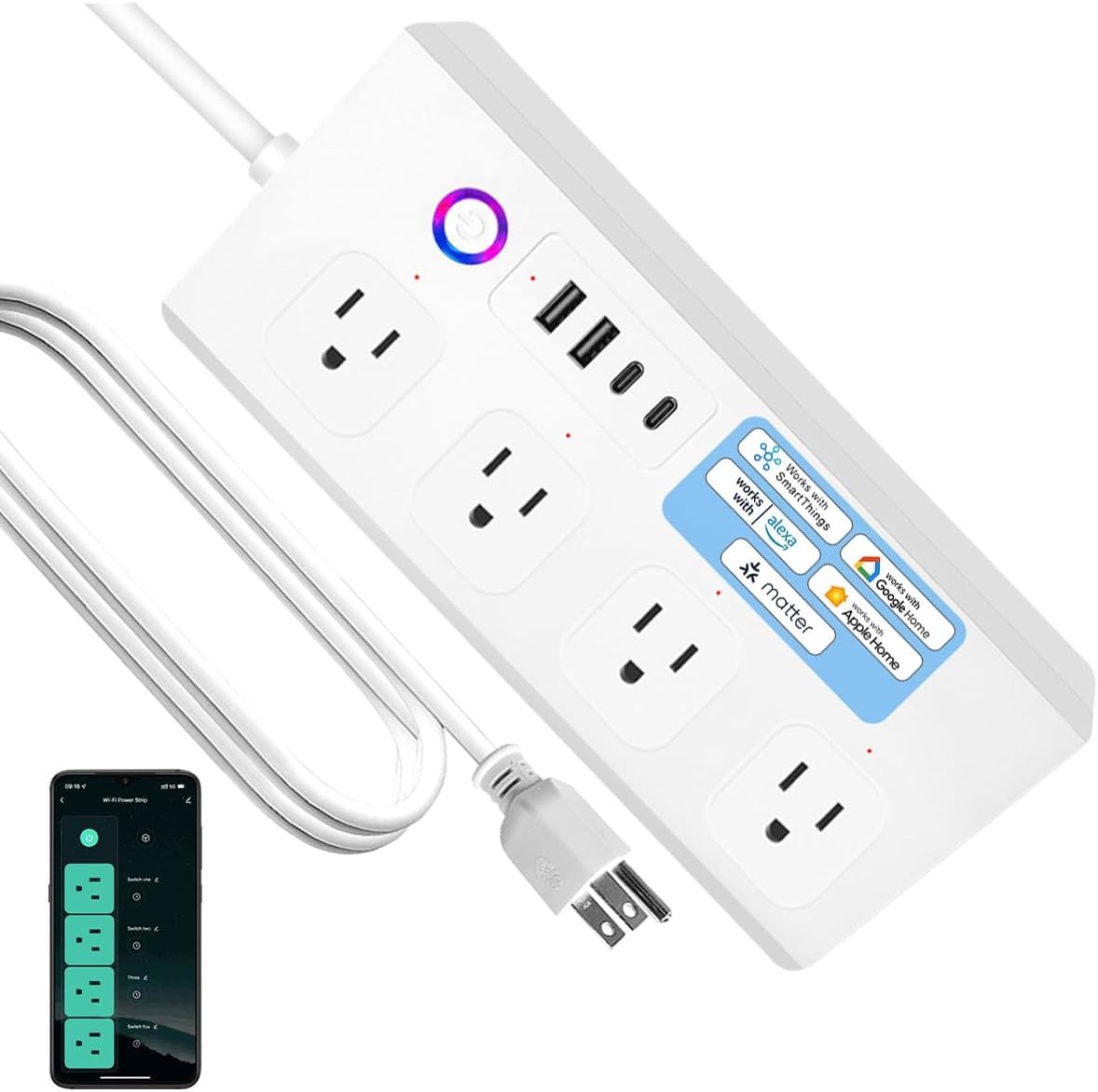 Matter Smart Power Strip with 4 AC Outlets & 2 USB Ports