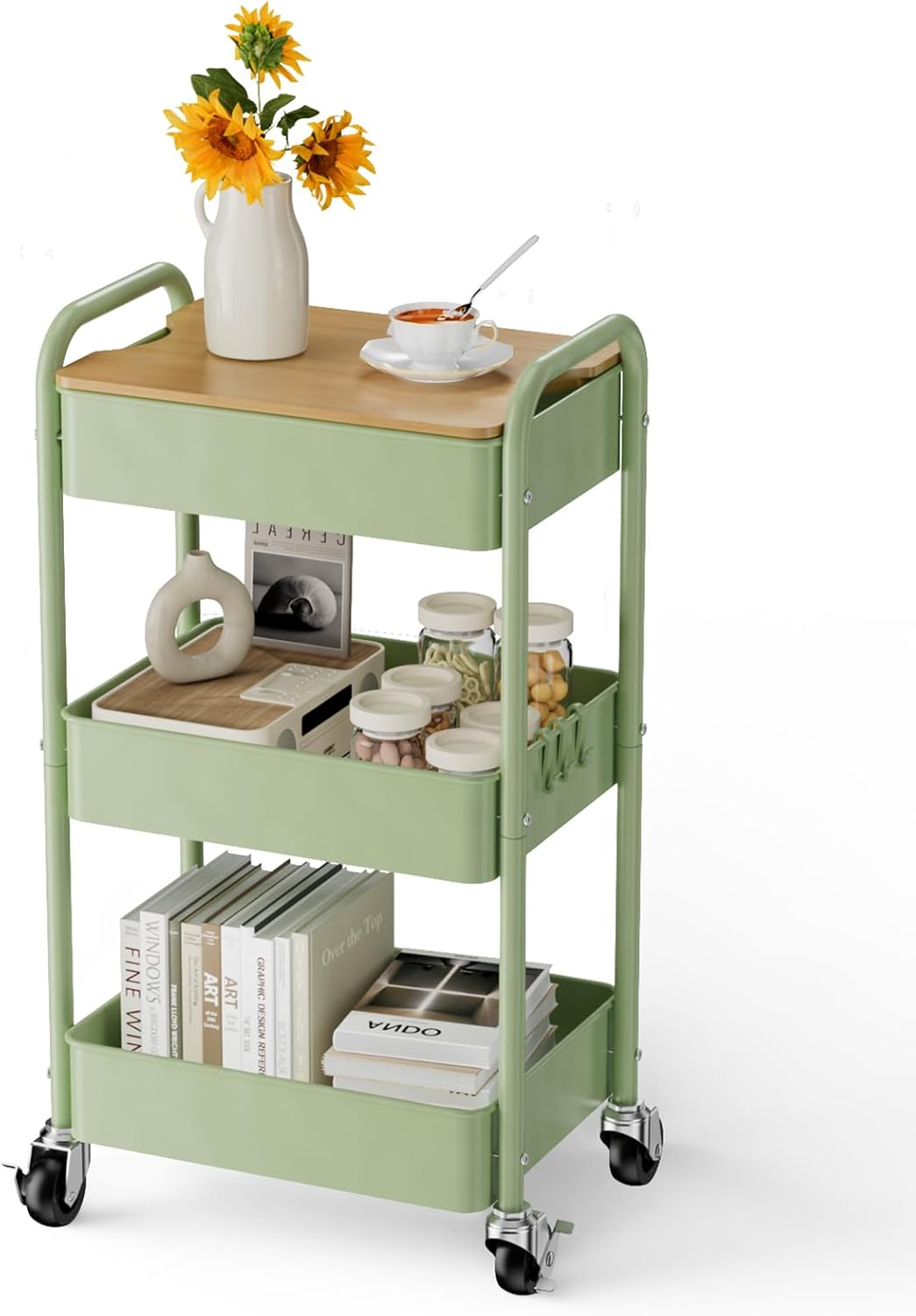 3 Tier Rolling Cart with Tabletop for Office and Kitchen Use