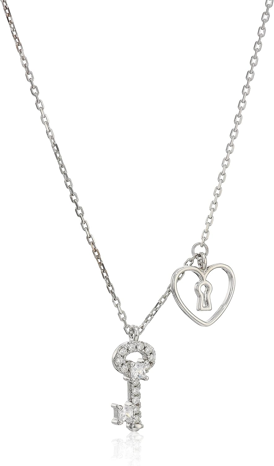 Cubic Zirconia Key to My Heart Pendant Necklace in Sterling Silver